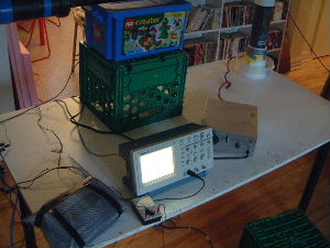 Test setup including digital scale, ammeter, oscilloscope,
and control unit for high voltage power supply.