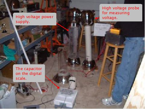 Test setup for testing barium titanate high K dielectric 
      doorknob capacitor propulsion device.